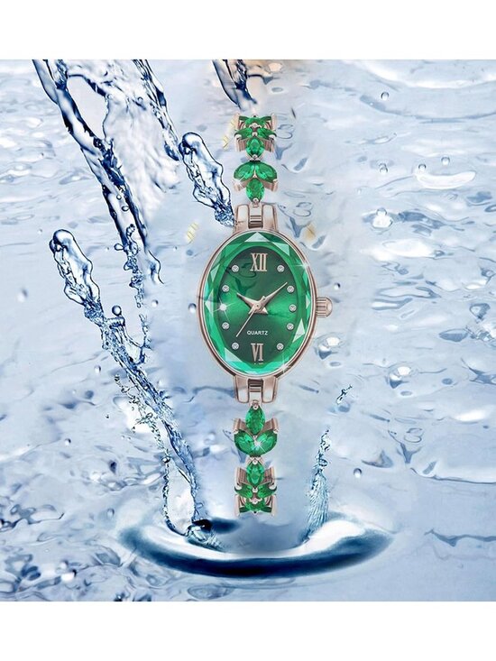 Women Rose Gold Green Analog Quartz Petal Casual Bracelet Simulated Luxury Watch main image 6